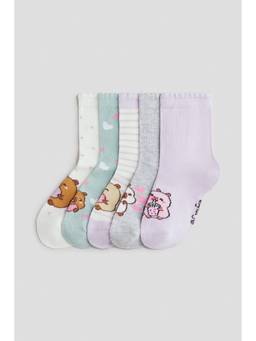 H&M - Girls Multi-Color 5-Pack Motif-Detail Socks