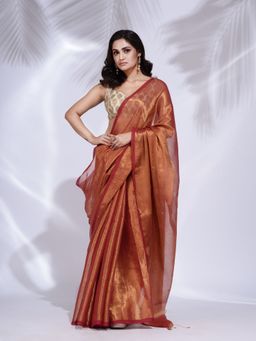 CHARUKRITI - Red Tissue Handwoven Soft Saree with Unstitched Blouse