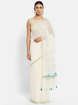 Fabindia - Cotton Silk Embroidered Sari without Blouse