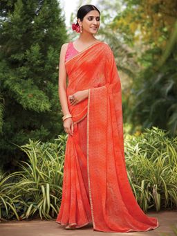 Odette - Womens Georgette Orange Printed Saree with Unstitched Blouse