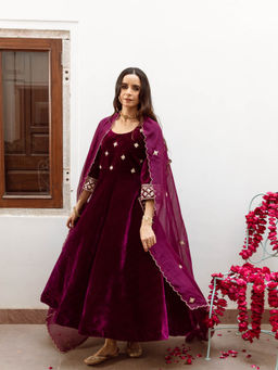 Maison Shefali - Zeya - Velvet Embroidered Anarkali & Pant with Dupatta (Set of 3)