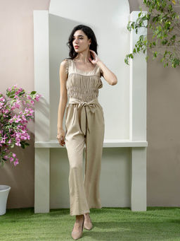 AAREIN - Beige Round Neck Sleeveless Solid Waist Tie-Ups Jumpsuit
