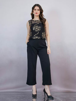 AAREIN - Black Round Neck Sleeveless Sequence Jumpsuit with Cape