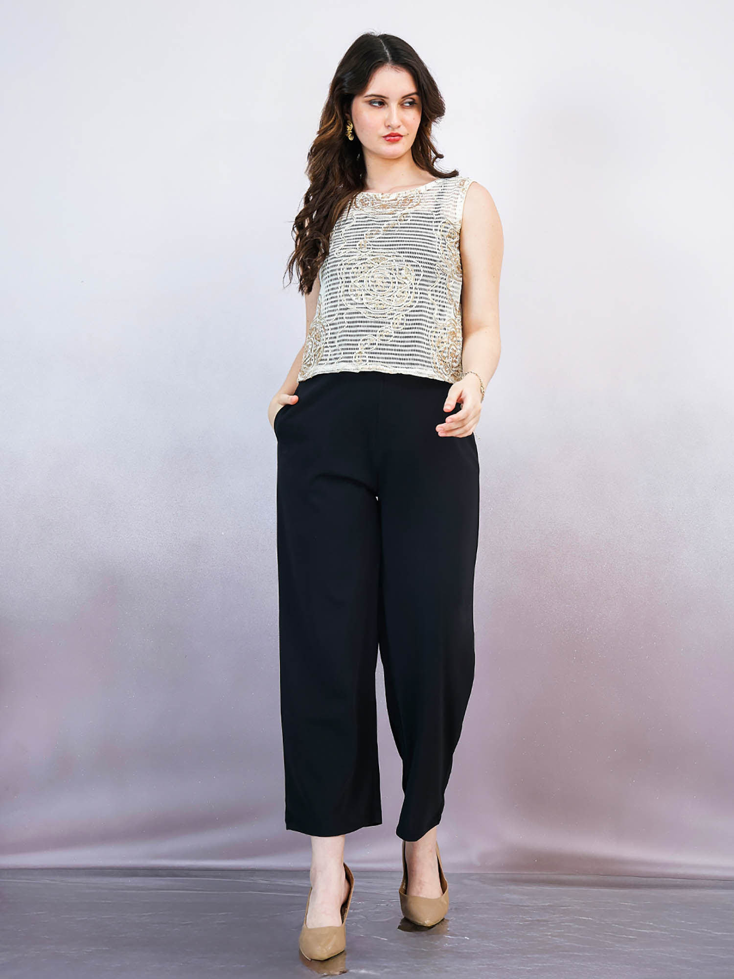 aarein Beige Round Neck Sleeveless Sequence Jumpsuit with Cape-picture-40
