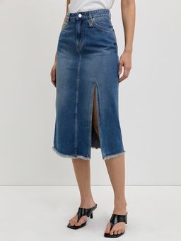Pomelo - Frayed Side Slit Denim Skirt - Blue