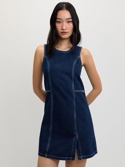 Pomelo - Contrast Stitch Denim Mini Dress - Dark Blue