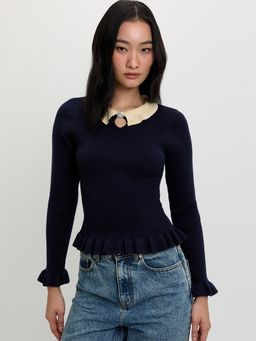 Pomelo - Ruffle Trim Knit Top - Navy