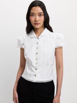 Pomelo - Lace Trim Puffed Sleeve Blouse Top - White
