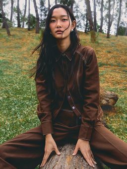 Pomelo - Contrast Stitch Blouse Top - Brown