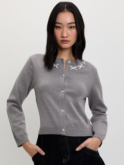 Pomelo - Embroidered Bow Cardigan - Light Grey