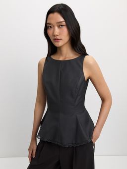 Pomelo - Lace Trim Peplum Blouse Top - Dark Grey