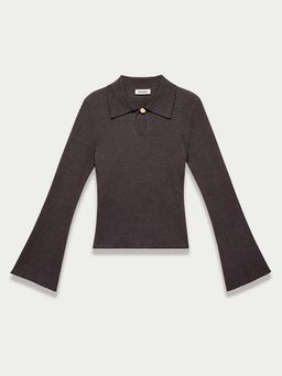 Pomelo - Bell Sleeve Ribbed Keyhole Top - Mid Grey