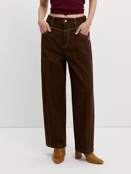 Pomelo - Contrast Stitch Wide Leg Trousers - Brown