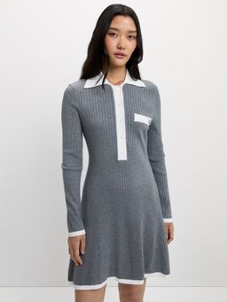 Pomelo - Contrast Trim Knit Polo Mini Dress - Mid Grey