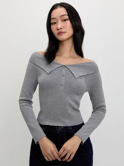 Pomelo - Folded Collar Button Top - Light Grey