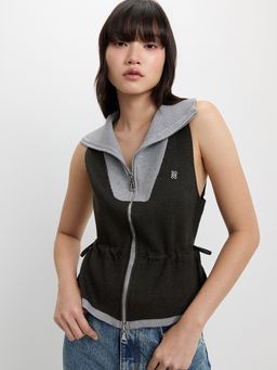 Pomelo - Tie-Waist Knit Top With Two-Way Zip - Dark Grey