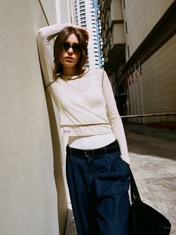 Pomelo - Contrast Trim Sheer Top - Ivory