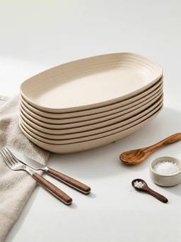 YELONA - Beige Oval Wheat Straw Bamboo Fiber Eco-Friendly Plate Set Of 8, Unbreakable