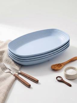 YELONA - Blue Oval Wheat Straw Bamboo Fiber Eco-Friendly Plate Set Of 4, Unbreakable