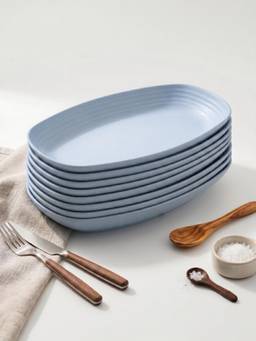 YELONA - Blue Oval Wheat Straw Bamboo Fiber Eco-Friendly Plate Set Of 8, Unbreakable