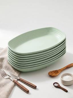 YELONA - Green Oval Wheat Straw Bamboo Fiber Eco-Friendly Plate Set Of 8, Unbreakable