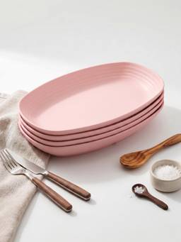 YELONA - Pink Oval Wheat Straw Bamboo Fiber Eco-Friendly Plate Set Of 4, Unbreakable