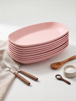YELONA - Pink Oval Wheat Straw Bamboo Fiber Eco-Friendly Plate Set Of 8, Unbreakable