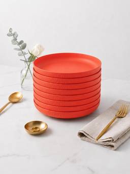 YELONA - Round Orange Eco-Friendly Wheat Straw Bamboo Fiber Plates Set Of 8 For Dining