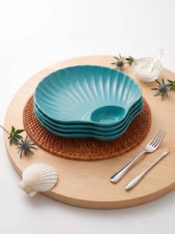 YELONA - Green Shell Shaped Wheat Straw Bamboo Fiber Eco-Friendly Plates Set Of 4