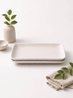 YELONA - Beige Eco-Friendly Wheat Straw Bamboo Fiber Rectangular Plates Set Of 2 Pcs