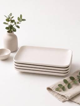 YELONA - Beige Eco-Friendly Wheat Straw Bamboo Fiber Rectangular Plates Set Of 4 Pcs