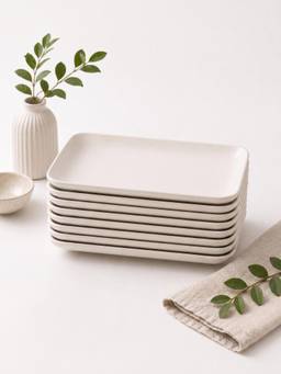YELONA - Beige Eco-Friendly Wheat Straw Bamboo Fiber Rectangular Plates Set Of 8 Pcs
