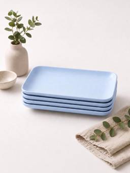 YELONA - Blue Eco-Friendly Wheat Straw Bamboo Fiber Rectangular Plates Set Of 4 Pcs