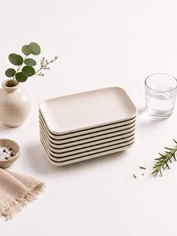 YELONA - Beige Eco-Friendly Wheat Straw Bamboo Fiber Rectangular Plates Set Of 8 Pcs