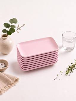 YELONA - Pink Eco-Friendly Wheat Straw Bamboo Fiber Rectangular Plates Set Of 8 Pcs