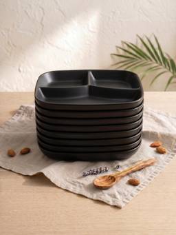 YELONA - Black Square 3-Compartment Wheat Straw Bamboo Fiber Plates Eco-Friendly, Pack Of 8