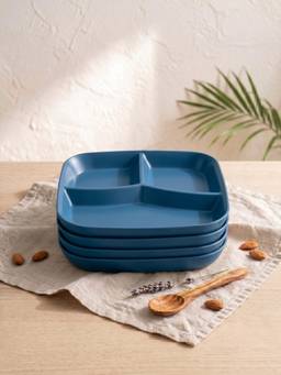 YELONA - Navy Blue Square 3-Compartment Wheat Straw Bamboo Fiber Plates, Pack Of 4