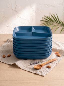 YELONA - Navy Blue Square 3-Compartment Wheat Straw Bamboo Fiber Plates, Pack Of 8