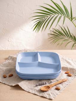 YELONA - Blue Square 3-Compartment Wheat Straw Bamboo Fiber Plates Eco-Friendly Pack Of 2