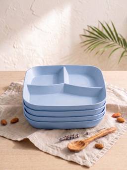 YELONA - Blue Square 3-Compartment Wheat Straw Bamboo Fiber Plates Eco-Friendly Pack Of 4