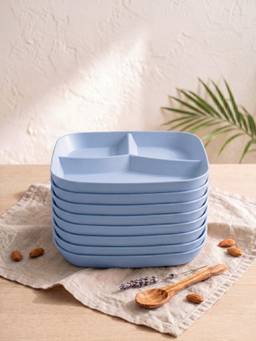 YELONA - Blue Square 3-Compartment Wheat Straw Bamboo Fiber Plates Eco-Friendly, Pack Of 8