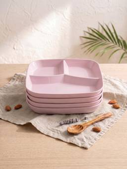 YELONA - Pink Square 3-Compartment Wheat Straw Bamboo Fiber Plates Eco-Friendly Pack Of 4