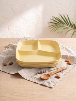 YELONA - Yellow Square 3-Compartment Wheat Straw Bamboo Fiber Plates Eco-Friendly Pack Of 2