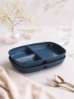 YELONA - Navy Blue Wheat Straw Rectangular 3 Compartments Dinner Plates Pack Of 2