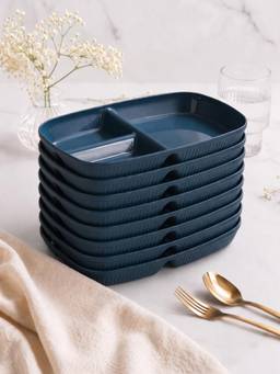 YELONA - Navy Blue Wheat Straw Rectangular 3 Compartments Dinner Plates Pack Of 8
