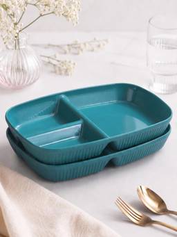 YELONA - Teal Wheat Straw Rectangular 3 Compartments Dinner Plates Pack Of 2