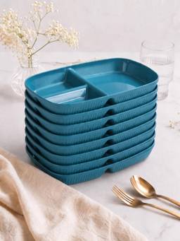 YELONA - Teal Wheat Straw Rectangular 3 Compartments Dinner Plates Pack Of 8