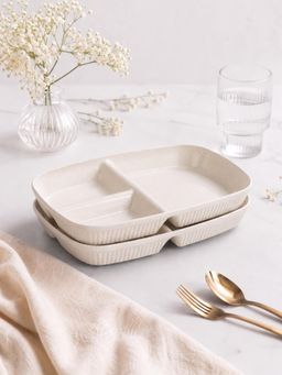 YELONA - Beige Wheat Straw Rectangular 3 Compartments Dinner Plates Pack Of 2