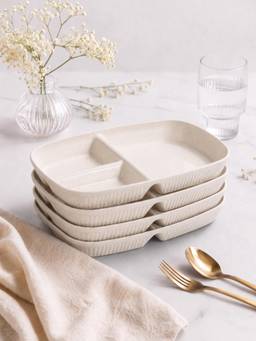 YELONA - Beige Wheat Straw Rectangular 3 Compartments Dinner Plates Pack Of 4