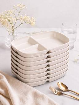 YELONA - Beige Wheat Straw Rectangular 3 Compartments Dinner Plates Pack Of 8